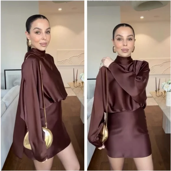 Zara Satin Effect Scarf Dress Brown NWT - Picture 9 of 15